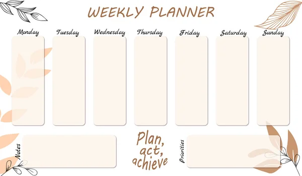 Wekelijkse Organisator Planner Pastelkleur Met Natuurlijke Decor Motiverende Belettering Tekst — Stockvector