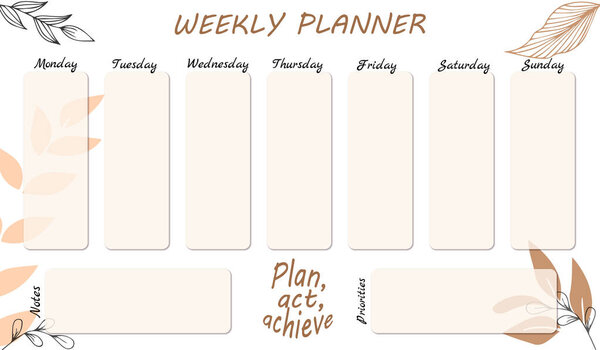 Weekly organizer, planner in pastel color with natural decor, motivational lettering, text. For organizing plans and motivation.