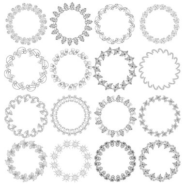 Kış desenli çıkartmalar, yeni yıl etiketleri, Noel unsurları, yuvarlak hediyeler. Etiketler, bayram dekorasyonları, selamlamalar, davetiyeler, kartlar için çerçeve veya bölücü olarak da kullanılabilir