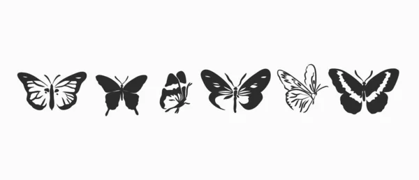 手描きベクトル抽象ストックフラットグラフィックイラストコレクションセットバンドルロゴ要素、ボヘミアンマジックラインシルエットアートの神秘的な飛行蝶と蛾、女性的なシンプルなスタイル. — ストックベクタ
