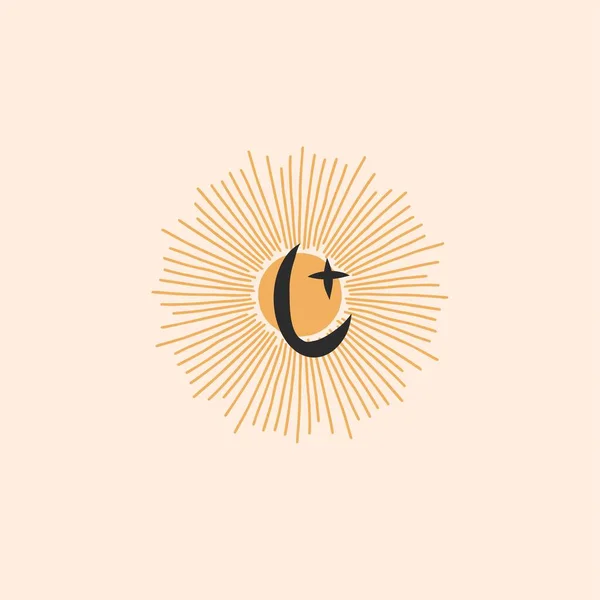 Ilustración gráfica plana de stock abstracto vectorial dibujado a mano con elemento de logotipo, emblema minimalista mágico de astrología bohemia de siluetas místicas de sol dorado y luna creciente, estilo simple para la marca. — Archivo Imágenes Vectoriales