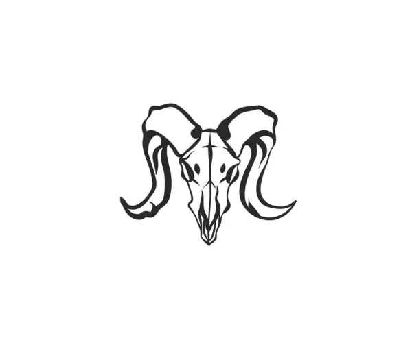 手描きベクトル抽象ストックフラットグラフィックイラストのロゴ要素のマジックヤギの頭の頭蓋骨ラインアートシンプルなスタイルでブランディング、白の背景に隔離された. — ストックベクタ