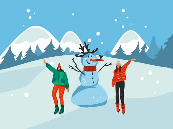 Hand dras vektor abstrakt lager grafiskt God Jul och gott nytt år tecknad, illustration scen med glada människor, snögubbe och julgran isolerad på utomhus vinter färg bakgrund. — Stock vektor