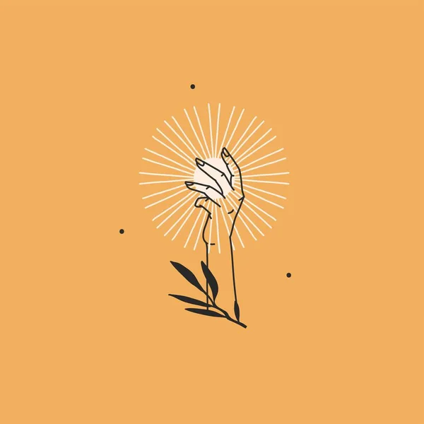 Ручной рисунок вектор абстрактный фондовый плоская графическая иллюстрация с элементом логотипа, минималистическая богемная магия линии искусства золотого солнца в линии человеческой руки и звезды в простом стиле для брендинга. — стоковый вектор
