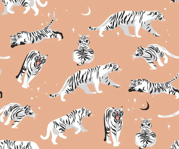 Mão desenhado vetor resumo estoque ilustrações gráficas modernas, safari boêmio padrão sem costura contemporânea imprimir com exóticos tigres selvagens animais textura listrada em cores pastel. —  Vetores de Stock
