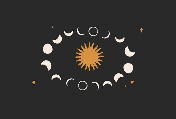 手描きベクトル抽象ストックフラットグラフィックイラストでロゴ要素、ボヘミアン占星術魔法神秘的な月相シルエットと円の太陽のミニマリズムアート、ブランディングのためのシンプルなスタイル. — ストックベクタ