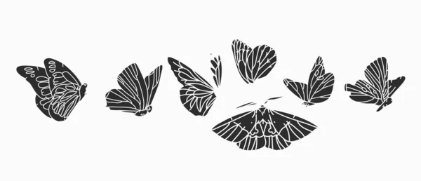 Dibujado a mano vector abstracto stock ilustraciones gráficas planas colección conjunto paquete con elementos de logotipo, bohemia línea mágica silueta arte de mariposa voladora mística y polilla, estilo simple femenino. — Vector de stock