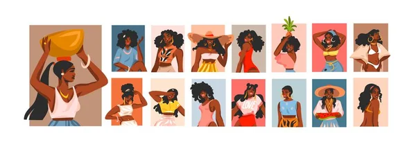 Dibujado a mano vector abstracto stock gráfico ilustraciones colección conjunto con jóvenes feliz negro afroamericano belleza mujeres grupo estilo de vida avatar, verano estilo boho aislado sobre fondo blanco. — Archivo Imágenes Vectoriales