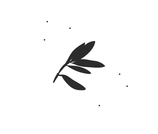 Ilustración gráfica plana de stock abstracto vectorial dibujado a mano con elemento de logotipo mínimo, línea bohemia arte de silueta de rama de hojas para la marca, aislado sobre fondo blanco.. — Vector de stock