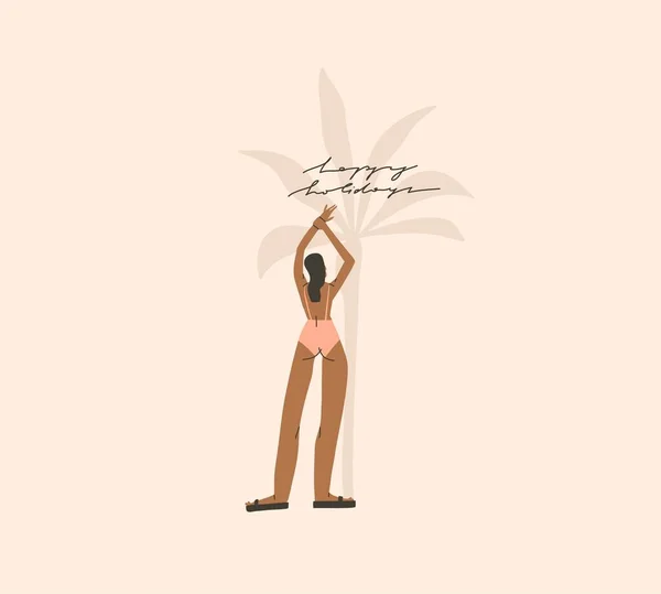 Handgetekende vector abstracte voorraad grafische zomer cartoon, minimalistische stijl illustraties print met Boheemse mooie meisje zonnebaden en ontspannen op de zonsondergang strand, geïsoleerd op kleur achtergrond. — Stockvector