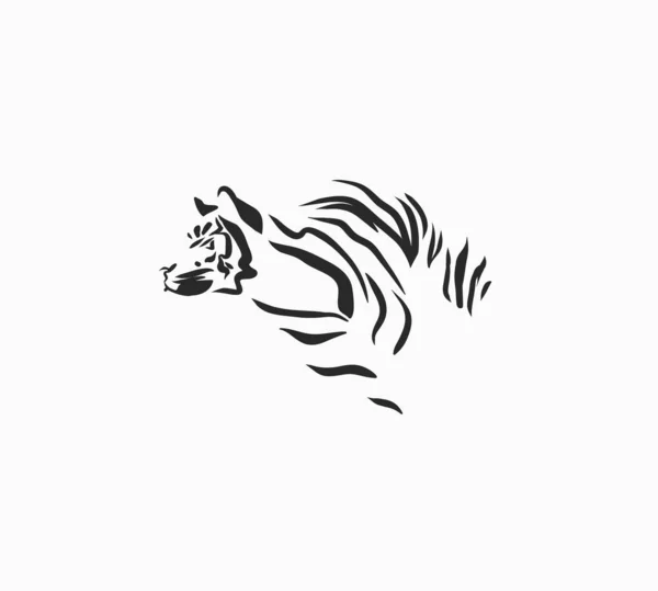 Hand drawn vector abstract stock graphic cartoon illustration with beauty cute trendy wildlife white,drawing tiger,black and white texture isolated on white background. Chinese New Year concept art. — Stock Vector