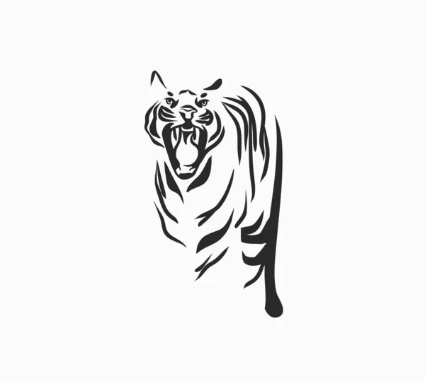 Mão desenhado vetor abstrato estoque gráfico cartoon ilustração com beleza bonito moda vida selvagem branco, desenho tigre, preto e branco textura isolada no fundo branco. Ano Novo Chinês arte conceito. —  Vetores de Stock