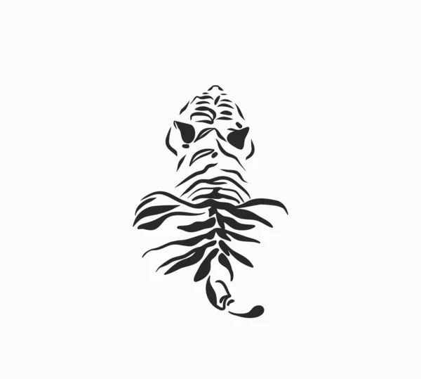 Ручная рисованная векторная абстрактная фоновая графическая иллюстрация с красотой милые модные дикие животные белые, рисующие тигра, черно-белую текстуру изолированы на белом фоне. Китайский новогодний концепт. — стоковый вектор