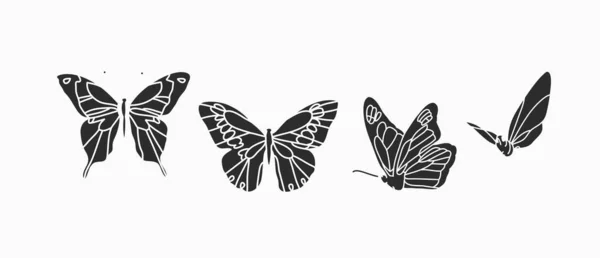 Vecteur dessiné à la main abstrait stock plat illustrations graphiques collection ensemble paquet avec des éléments de logo, bohème ligne magique silhouette art de mystique vol papillon et papillon de nuit, féminin style simple. — Image vectorielle