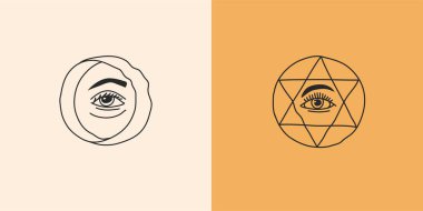 El çizimi vektör soyut düz grafik çizimleri logo elementi, bohem astroloji mistik çizgi kemer portalı ve kem göz minimalist amblemi, markalaşma için basit bir tarz..