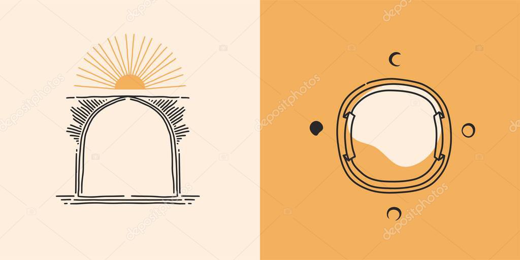 Hand drawn vector abstract stock flat graphic illustrations set with logo element,bohemian astrology magic minimalistic emblem of mystic line arch portal and sun with rays,simple style for branding