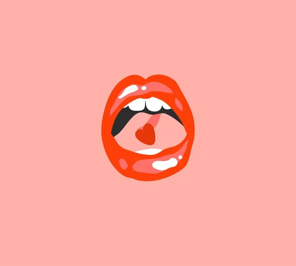 Dibujado a mano vector abstracto stock plano gráfico ilustración impresión con retro, vintage boho moderna boca femenina labios rojos con corazón en la lengua en el fondo de color. — Vector de stock