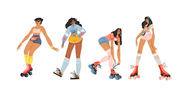 Современные графические иллюстрации персонажи набор молодых летних счастливых ретро-винтажных хиппи девушки роликовые коньки, 70-х годов винтажная печать концепции, ретро векторные люди дизайн. — стоковый вектор