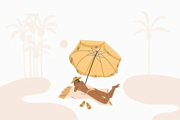 Dibujado a mano vector abstracto stock gráfico verano tiempo de dibujos animados, ilustraciones de estilo minimalista imprimir con bohemia hermosa chica toma el sol y relajarse en la playa puesta del sol, aislado en el fondo de color. — Vector de stock