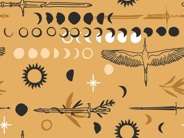 Ręcznie rysowane wektor abstrakcyjny płaski kolorystyka ilustracja szkic bezszwowy wzór z boho mistyczne okultystyczne słońce i księżyc faz, ptak, słońce, miecz, proste kształty collage izolowane na tle koloru. — Wektor stockowy