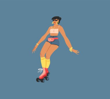 El çizimi vektör soyut düz stok modern grafik çizim karakter genç yaz mutlu eski tip hippi kız paten, 90 'ların klasik baskı konsepti, insanların retro vektör tasarımı.