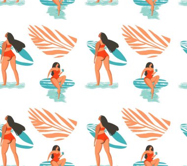El çizimi vektör soyut yaz zamanı pürüzsüz desen plajda bikinili sörfçü kız ve beyaz arka planda izole tropikal palmiye yaprakları