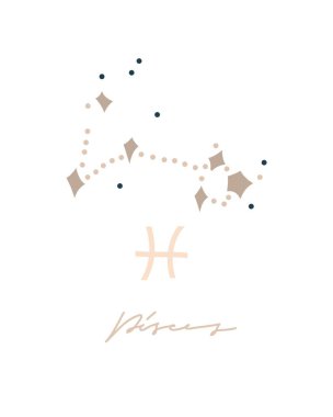 El çizimi vektör soyut stok grafiği basit astroloji gökbilim takımyıldızı koleksiyonu modern sanatsal modern baskı şablonları burç sembolleri yıldızlı balıklar, izole edilmiş.