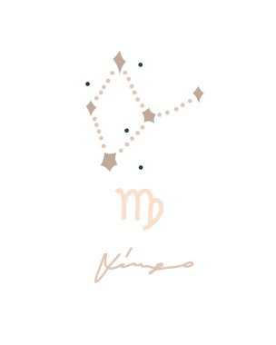 El çizimi vektör soyut stok grafiği basit astroloji gökbilim takımyıldızı koleksiyonu modern sanatsal çağdaş baskı şablonu sembolü yıldızlı başak işareti, izole edilmiş.
