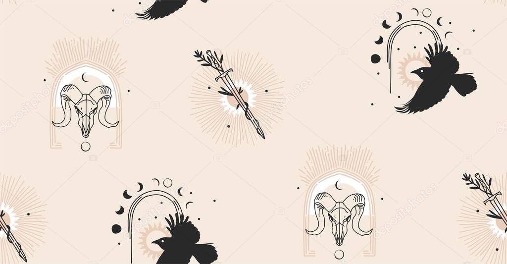 Hand drawn vector abstract stock flat graphic illustration with logo element,bohemian magic line art seamless pattern of raven bird,sword,star and moon phase in simple style,feminine astrology.