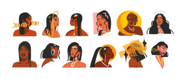Hand drawn vector abstract stock flat graphic illustrations collection set with ethnic,feminine,boho tribal magic beautiful diverse and african american woman portrait faces,stars and magic isolated.