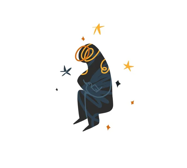 Funny space meditating strange cosmos figure character with a foggy head.Cute abstract creature alien from space,magic with star and moon.Cartoon style.Hand drawn trendy,isolated Vector illustration. — Stok Vektör