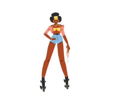 El çizimi vektör soyut düz stok modern grafik çizim karakter genç mutlu retro vintage disko Afrikalı Amerikalı kız paten, 90 klasik baskı konsepti, insanların retro vektör tasarımı.