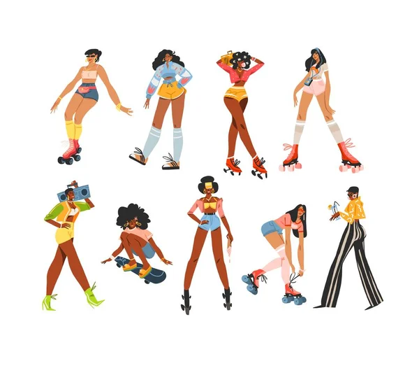 Hand drawn vector abstract flat stock modern graphic illustrations characters collection set of young happy retro vintage women roller skaters,on disco party and on skateboard,90 vintage elements. — Vetor de Stock