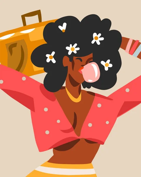 El çizimi vektör soyut düz stok modern grafik çizim karakter genç mutlu retro vintage disko Afrikalı Amerikalı kız paten, 90 klasik baskı konsepti, insanların retro vektör tasarımı — Stok Vektör