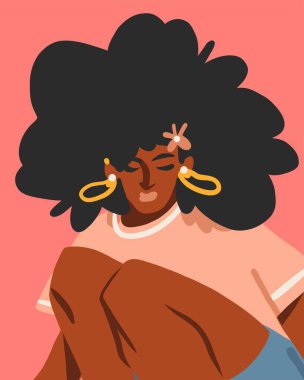 El çizimi vektör soyut düz stok modern grafik çizim karakter genç yaz retro antika Afro-Afrikalı Amerikalı kız, 90 'ların klasik avatar baskı konsepti, retro vektör modern kadın tasarımı.