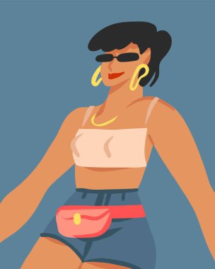 El çizimi vektör soyut stok modern grafik çizim karakter genç yaz mutlu eski moda hippi kız, funky modern kadın tasarımı, 90 'ların klasik baskı konsepti, insanların retro vektör tasarımı.