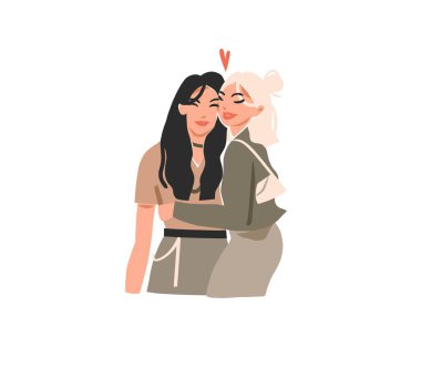 Vector illustration of two happy smiling,beauty best friends teenage girls hugging and drink coffee cocktails together.Isolated illustration.Cartoon people design concept.Best friends together.