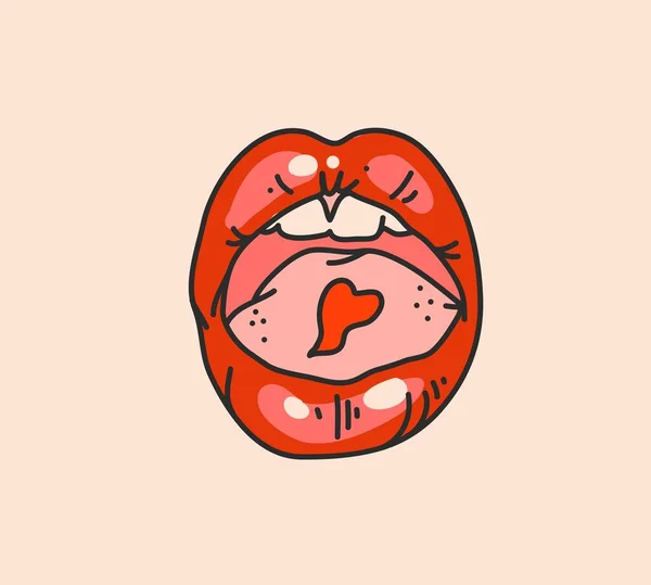 手描きベクトル抽象ストックフラットグラフィックイラストプリントでレトロ ヴィンテージBoho現代女性の口の赤い唇と心の色の背景 — ストックベクタ