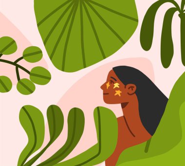 Elle çizilmiş modern grafik vektörü, tropikal doğadaki genç boho kadın karakterinin soyut şekilleri, yaprakları, çiçekleri, yıldızları ile klişe çizimi. Modern kadın tasarımı. Kadın doğa kavramı.