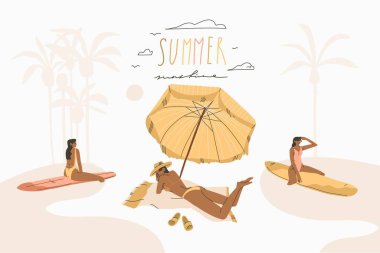 El çizimi vektör soyut stok zaman çizimi karikatürü, bohem güzel kızlarla bohem stili çizimler güneş banyosu yapar ve gün batımı kumsalında güneşlenir. Renkli arka planda izole olur.