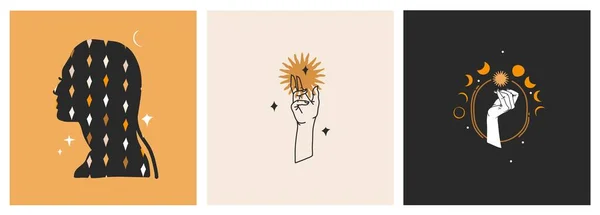 手描きベクトル抽象ストックフラットグラフィックイラストセットロゴ要素 ボヘミアン占星術銀河空間の魔法の芸術 三日月 太陽と人間のシルエット ブランディングのためのシンプルなスタイル — ストックベクタ
