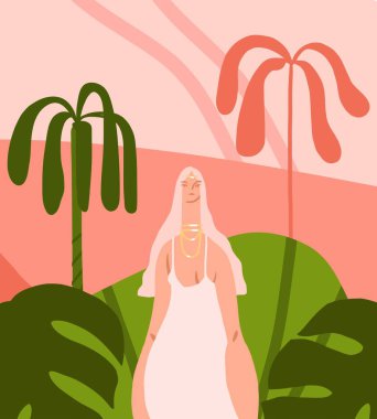 Elle çizilmiş modern grafik vektörü, tropikal doğadaki genç boho kadın karakterinin klipsli resim çizimi soyut şekiller, yapraklar, çiçekler. Modern kadın tasarımı. Kadın doğası kavramı.