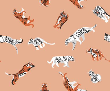 El çizimi vektör soyut çizimi modern grafik çizimleri, vahşi turuncu kaplanlar, ay ve yıldızlar, çizgili dokular. Modern egzotik konsept..