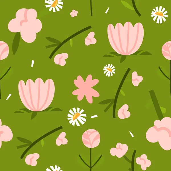 Hand drawn vector abstract graphic clipart illustrations seamless pattern of composition with abstract boho shapes of blossom flower,leaves and chamomile.Modern magic nature design.Botanical garden