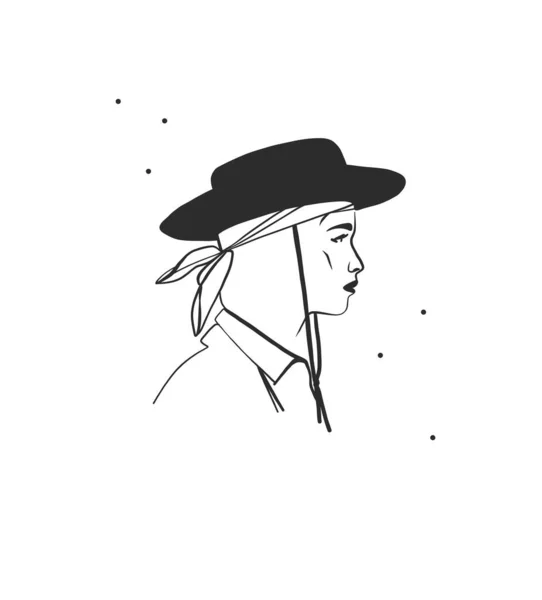 Handgezeichnete Abstrakte Vektor Grafik Cliparts Illustration Boho Cowgirl Hut Portrait — Stockvektor