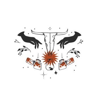 El çizimi soyut vektör grafiği çizimi, boho inek kafatası kompozisyonu. Vahşi batı tasarım konsepti. Bohem vahşi batı modern sanat. Kovboy modern çizgi çizimi. Amerikan kovboy logosu.