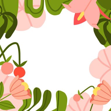 El çizimi soyut grafik clipart illüstrasyon vektör çerçeve çerçeve yapısı kompozisyon, soyut boho bahçe doğa şekli, çiçek çiçeği, yapraklar ve berriler. Modern botanik bahçe tasarımı