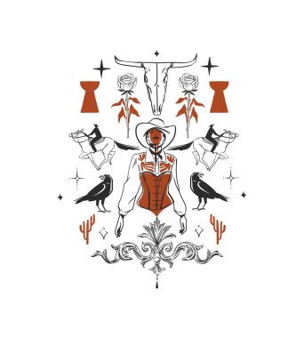 El çizimi soyut vektör grafiği çizimi, şapka portresindeki kovboy kız çizimi. Batı kadın tasarım konsepti. Bohem Vahşi Batı çağdaş sanat. Kovboy kız çizimi. Amerikan kovboy kız logosu.