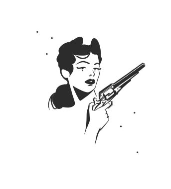 Elle çizilmiş soyut vektör grafiği çizimi Boho kovboy kız elinde silah var. Batılı kadın tasarım konsepti. Bohem vahşi batı çağdaş sanat. Kovboy kız çizimi. Amerikan kovboy kız logosu.