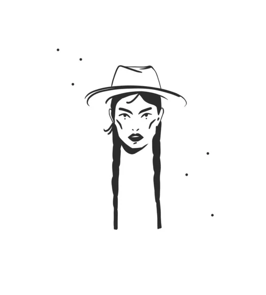 Çizimi Soyut Vektör Grafiği Çizimi Şapka Portresindeki Kovboy Kız Çizimi — Stok Vektör